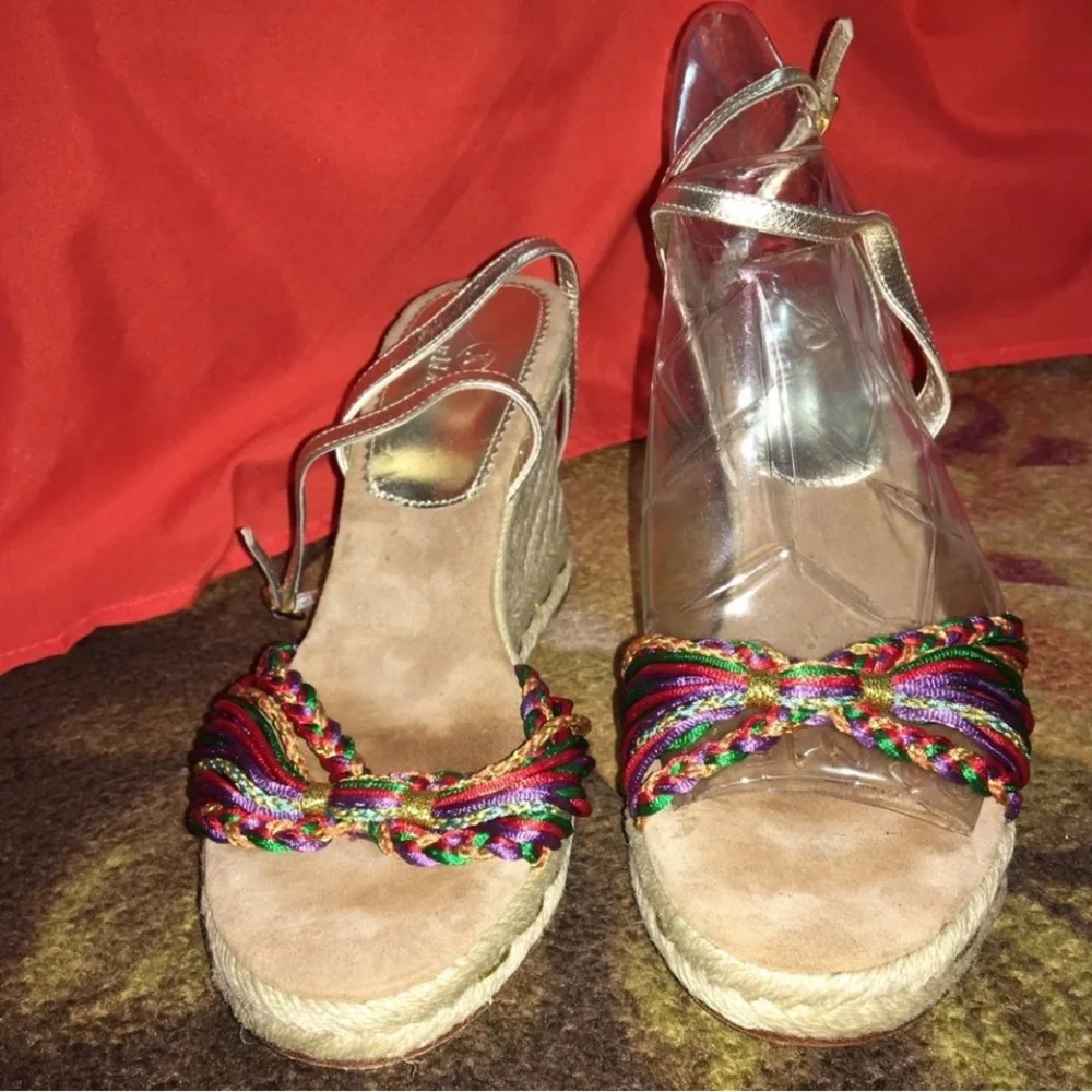 Cole Haan Multicolor Braided Espadrille Wedge Sandals with Silver Ankle Strap